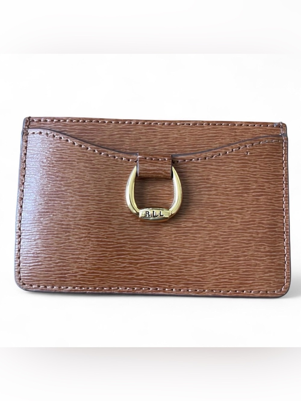 Lauren Ralph Lauren Brown Leather Card Holder ID Wallet Gold LRL Hardware